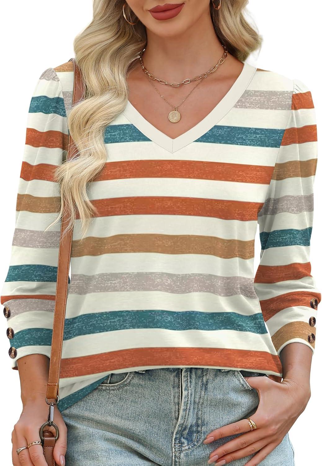 imageXIEERDUO Womens 34 Sleeve Tops with Buttons VNeck Summer Outfits Casual Blouses Shirts Beach Vacation Fall Clothes 2025Fcolorful Stripes
