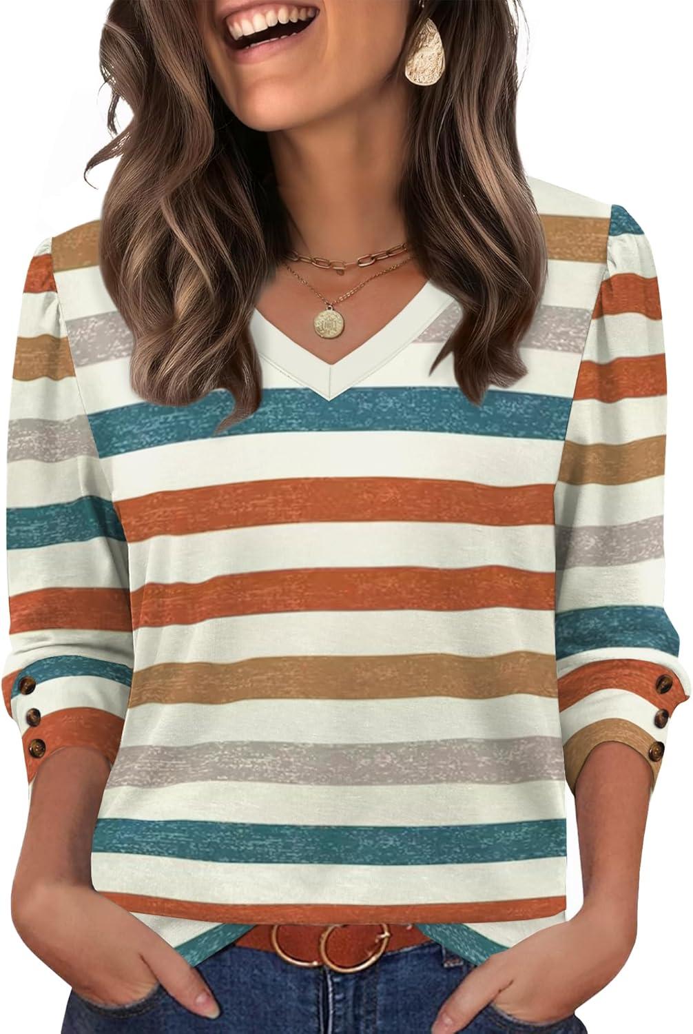 imageXIEERDUO Womens 34 Sleeve Tops with Buttons VNeck Summer Outfits Casual Blouses Shirts Beach Vacation Fall Clothes 2025Fcolorful Stripes
