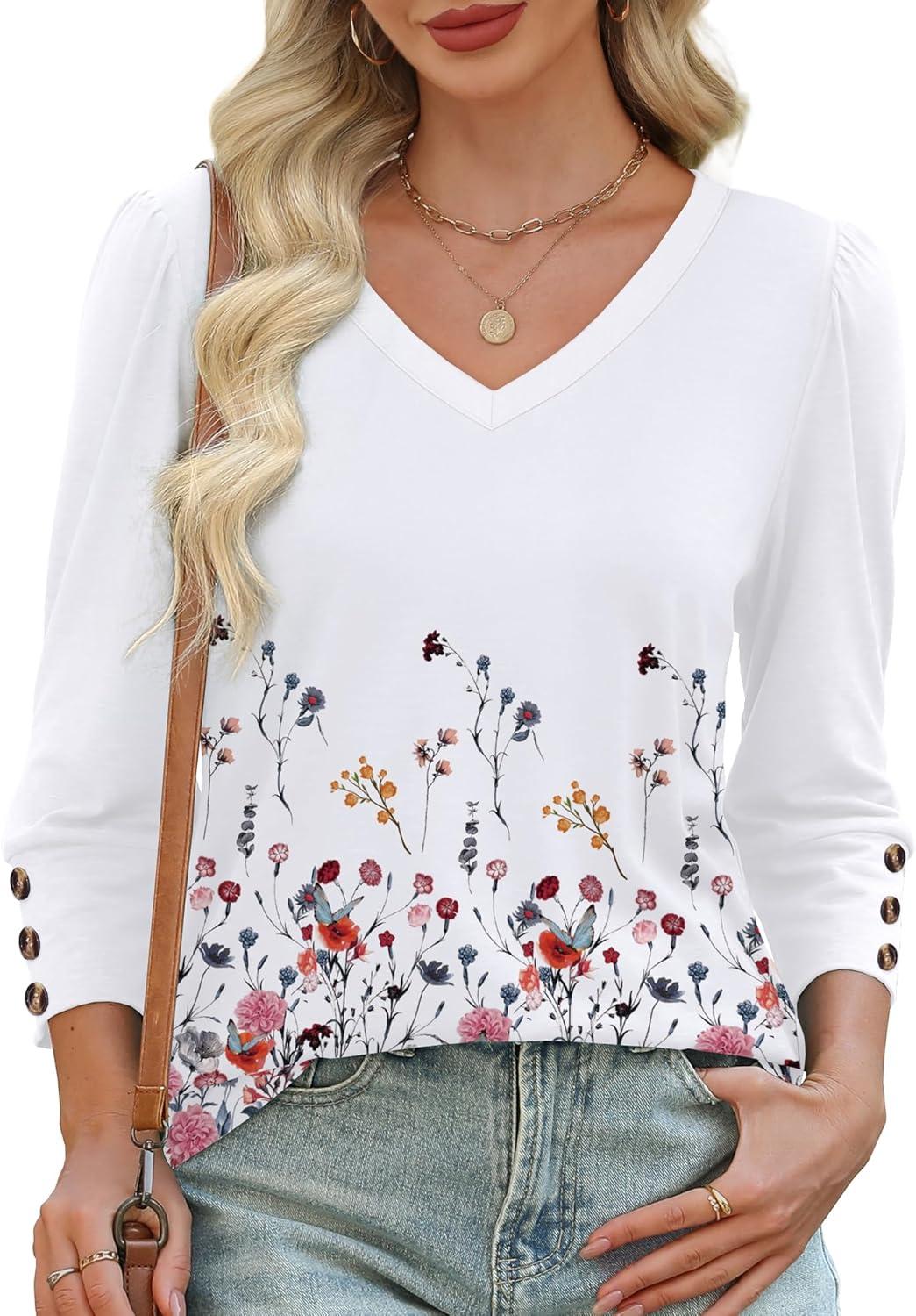 imageXIEERDUO Womens 34 Sleeve Tops with Buttons VNeck Summer Outfits Casual Blouses Shirts Beach Vacation Fall Clothes 2025Fdandelion