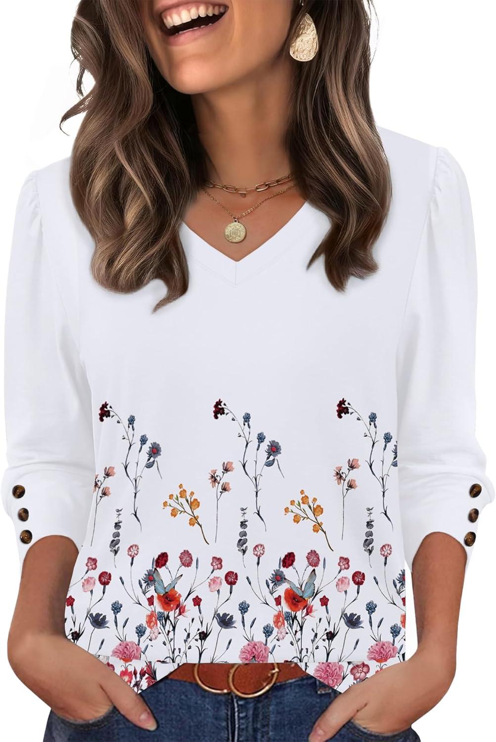 imageXIEERDUO Womens 34 Sleeve Tops with Buttons VNeck Summer Outfits Casual Blouses Shirts Beach Vacation Fall Clothes 2025Fdandelion