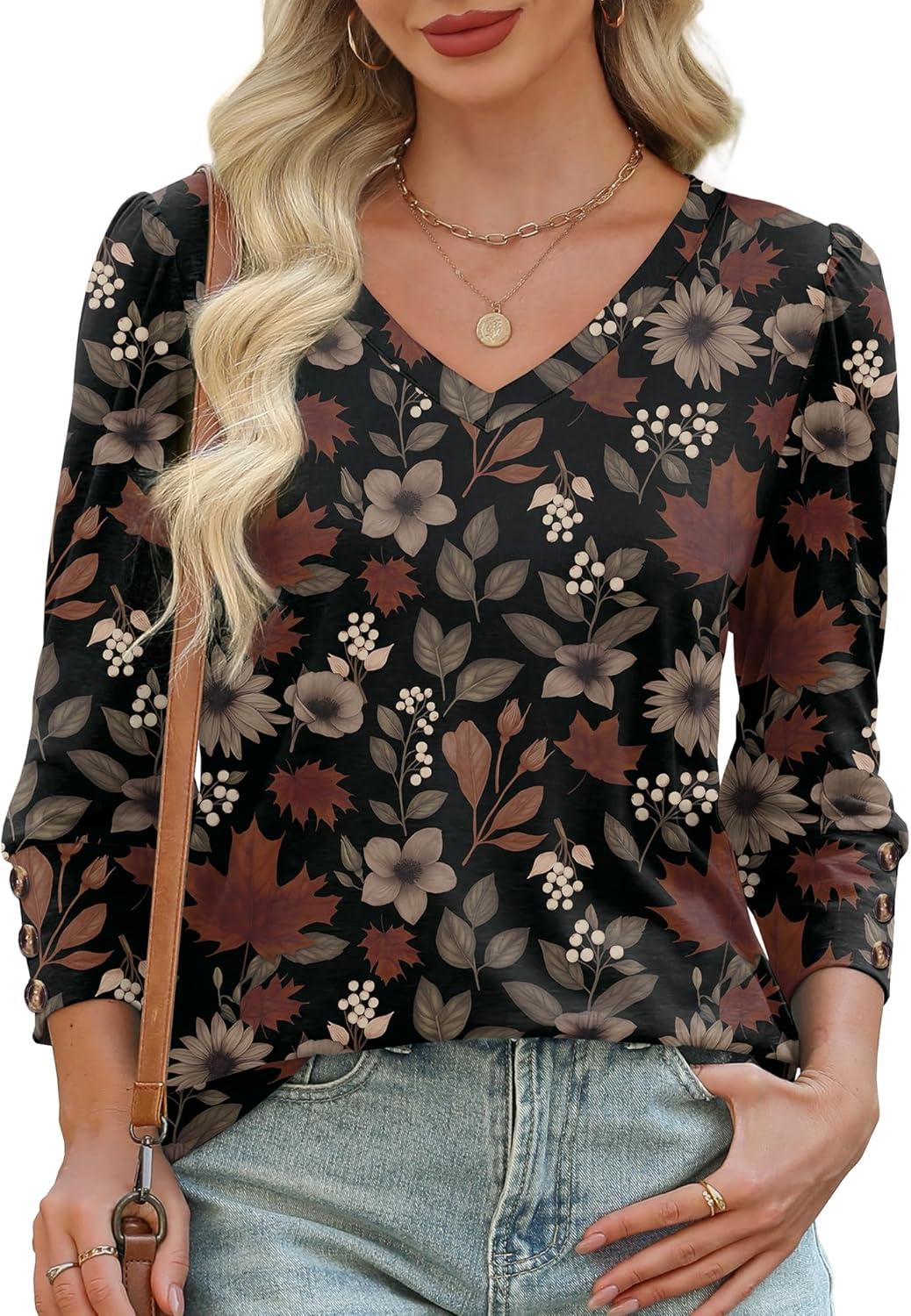 imageXIEERDUO Womens 34 Sleeve Tops with Buttons VNeck Summer Outfits Casual Blouses Shirts Beach Vacation Fall Clothes 2025Fdark Floral Leaf
