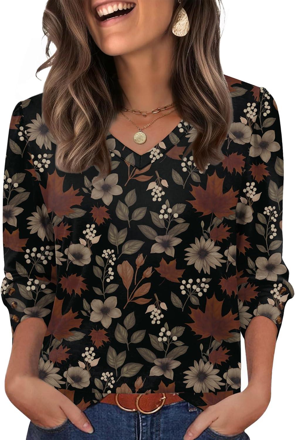 imageXIEERDUO Womens 34 Sleeve Tops with Buttons VNeck Summer Outfits Casual Blouses Shirts Beach Vacation Fall Clothes 2025Fdark Floral Leaf