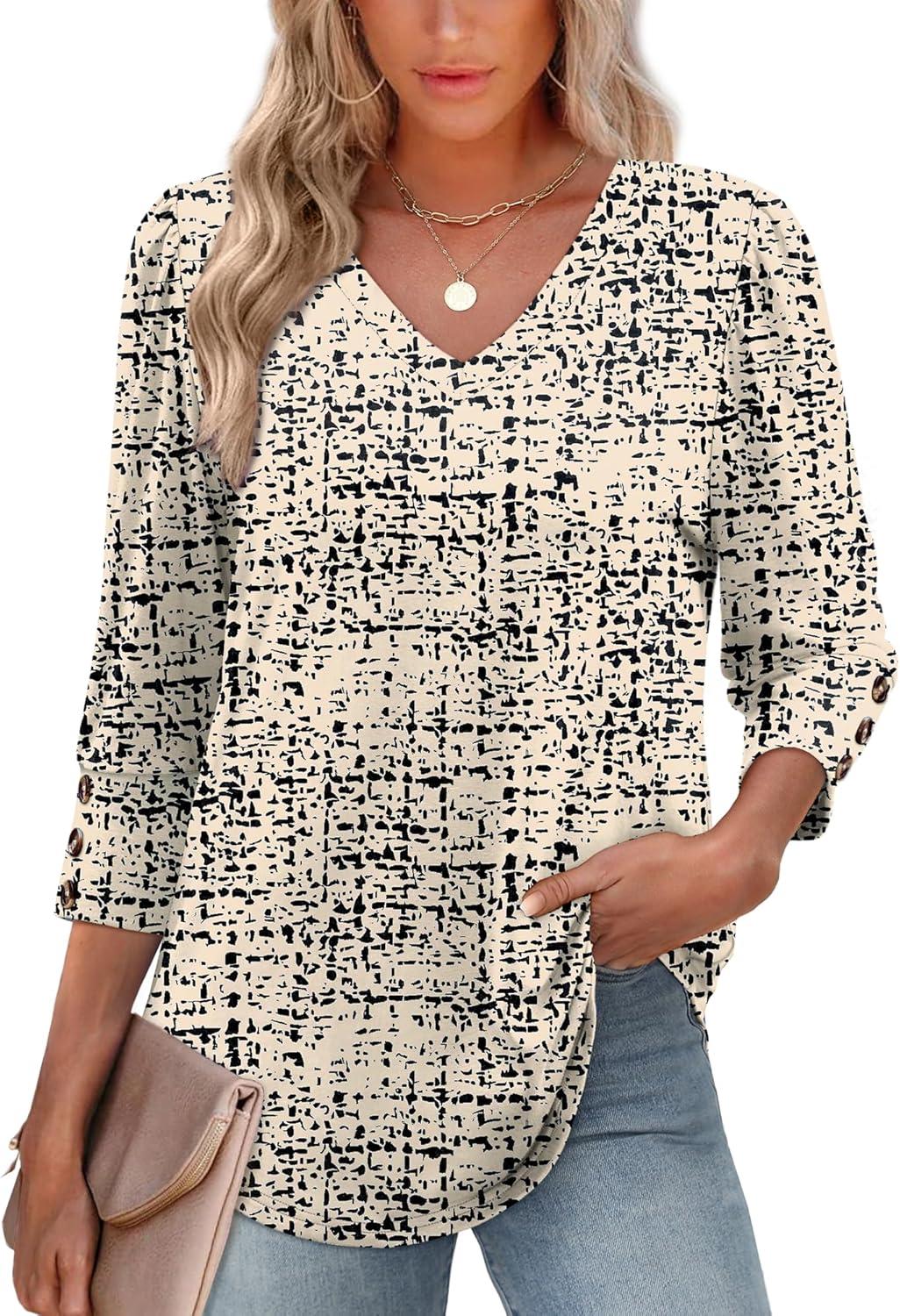 imageXIEERDUO Womens 34 Sleeve Tops with Buttons VNeck Summer Outfits Casual Blouses Shirts Beach Vacation Fall Clothes 2025Fgrid Texture