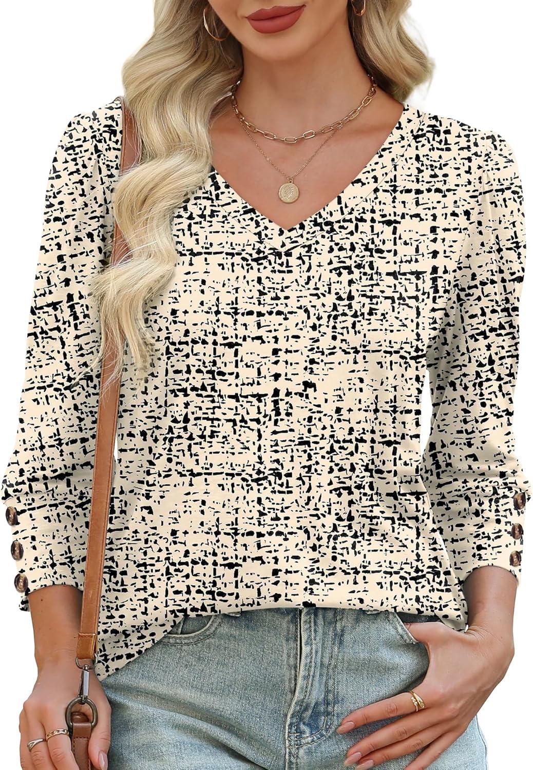 imageXIEERDUO Womens 34 Sleeve Tops with Buttons VNeck Summer Outfits Casual Blouses Shirts Beach Vacation Fall Clothes 2025Fgrid Texture
