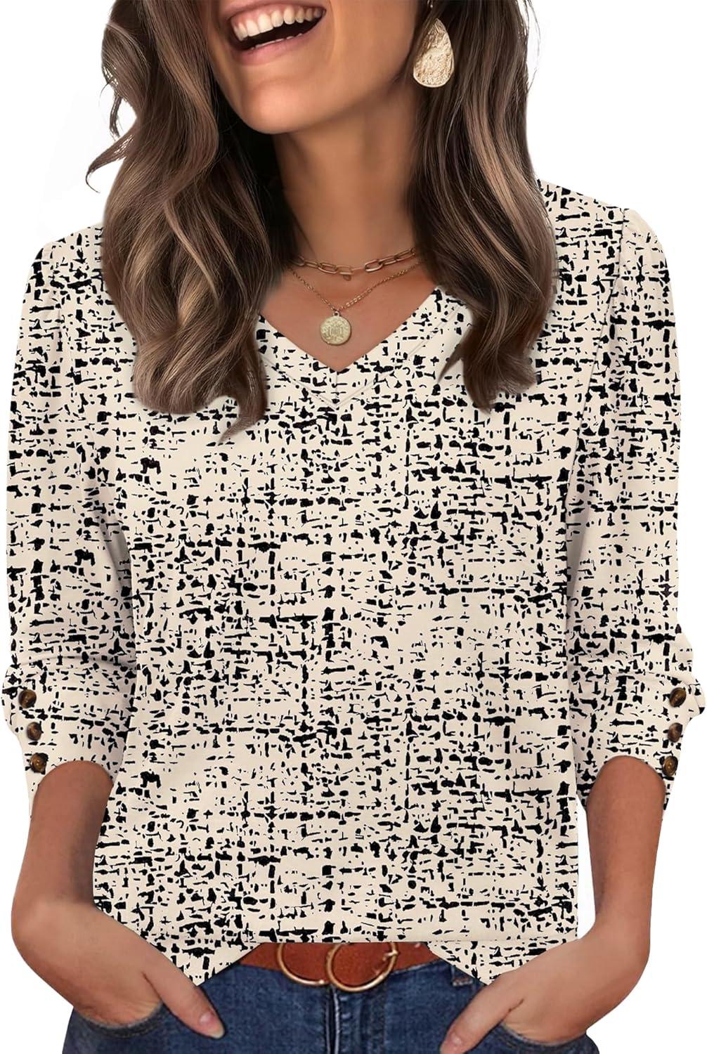 imageXIEERDUO Womens 34 Sleeve Tops with Buttons VNeck Summer Outfits Casual Blouses Shirts Beach Vacation Fall Clothes 2025Fgrid Texture