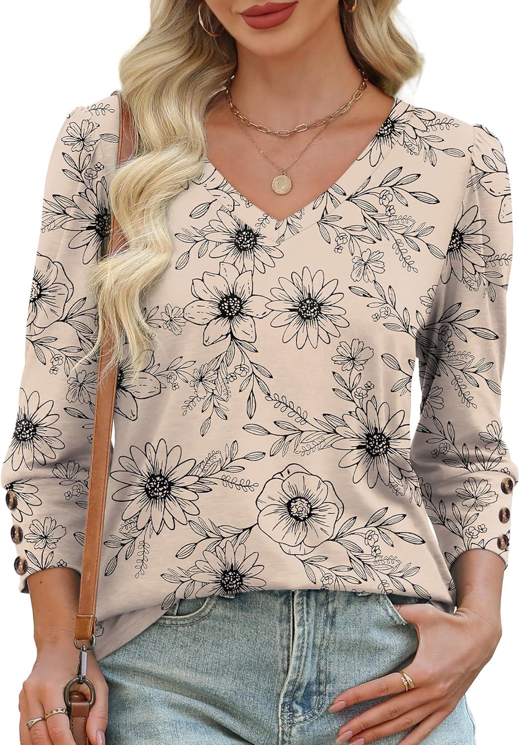 imageXIEERDUO Womens 34 Sleeve Tops with Buttons VNeck Summer Outfits Casual Blouses Shirts Beach Vacation Fall Clothes 2025Fkhaki Ink Floral
