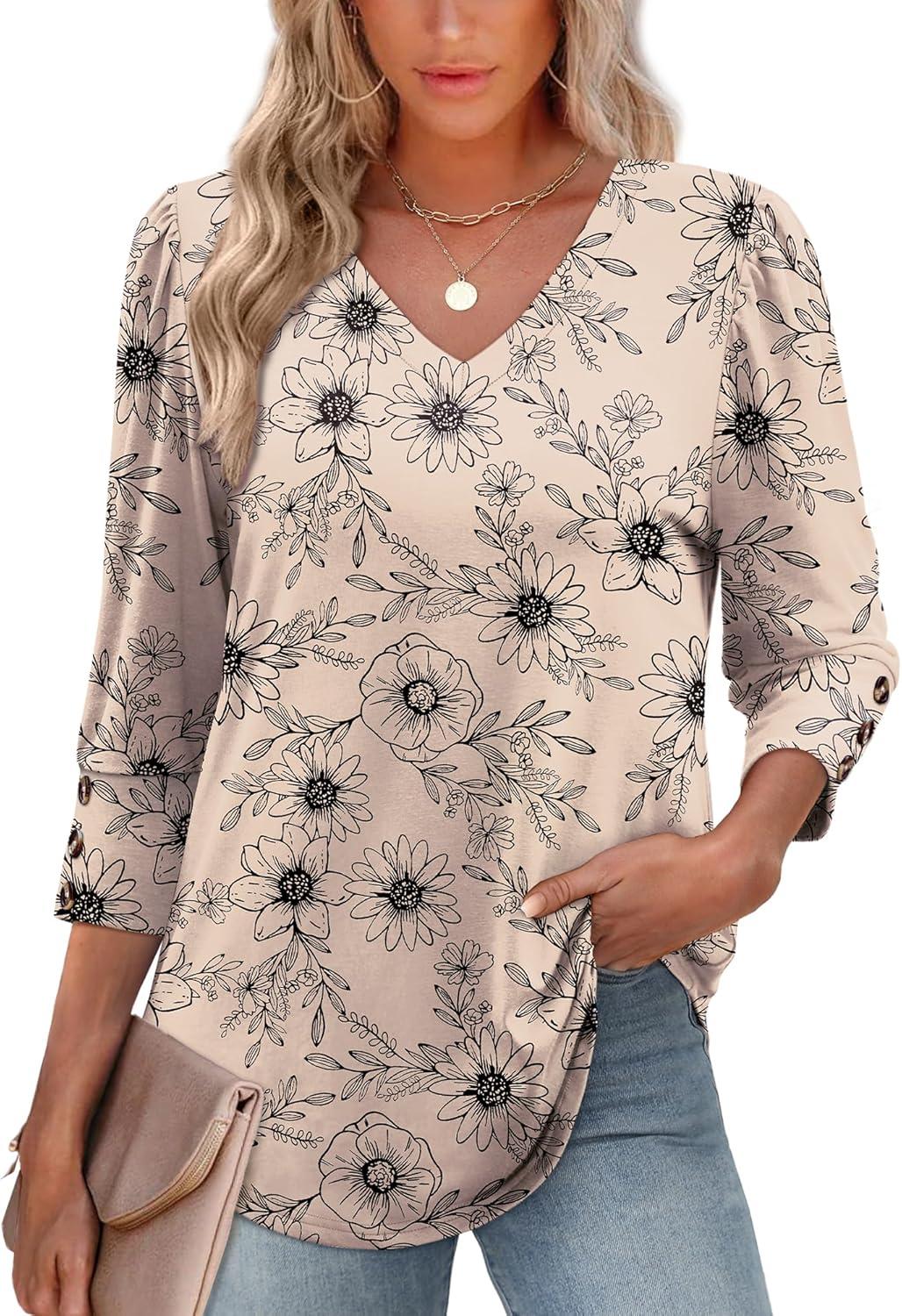 imageXIEERDUO Womens 34 Sleeve Tops with Buttons VNeck Summer Outfits Casual Blouses Shirts Beach Vacation Fall Clothes 2025Fkhaki Ink Floral