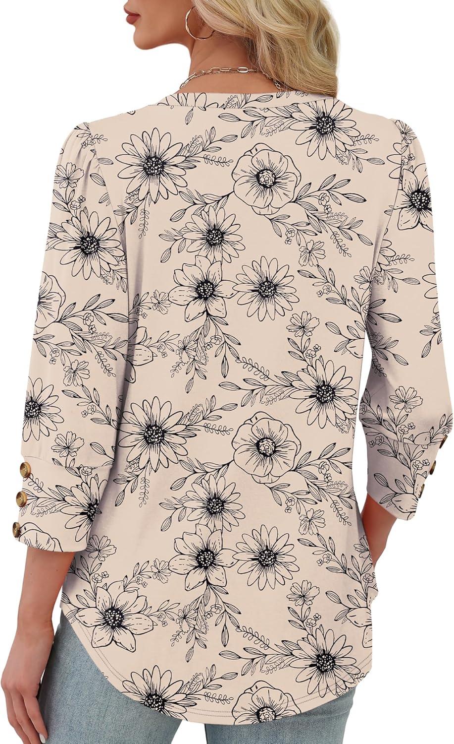 imageXIEERDUO Womens 34 Sleeve Tops with Buttons VNeck Summer Outfits Casual Blouses Shirts Beach Vacation Fall Clothes 2025Fkhaki Ink Floral