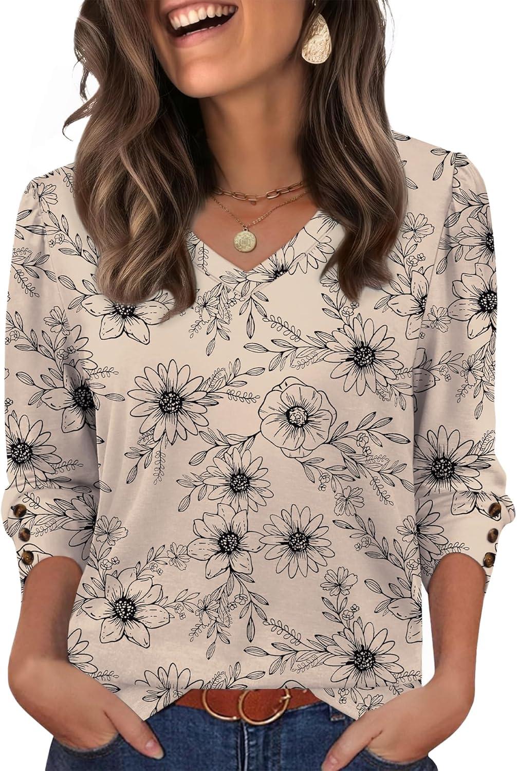imageXIEERDUO Womens 34 Sleeve Tops with Buttons VNeck Summer Outfits Casual Blouses Shirts Beach Vacation Fall Clothes 2025Fkhaki Ink Floral