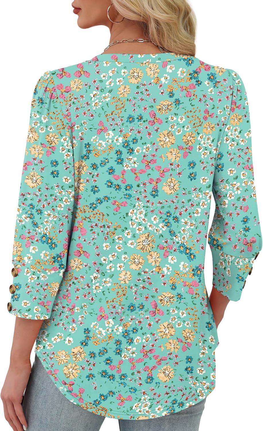imageXIEERDUO Womens 34 Sleeve Tops with Buttons VNeck Summer Outfits Casual Blouses Shirts Beach Vacation Fall Clothes 2025Fpink Green Floral