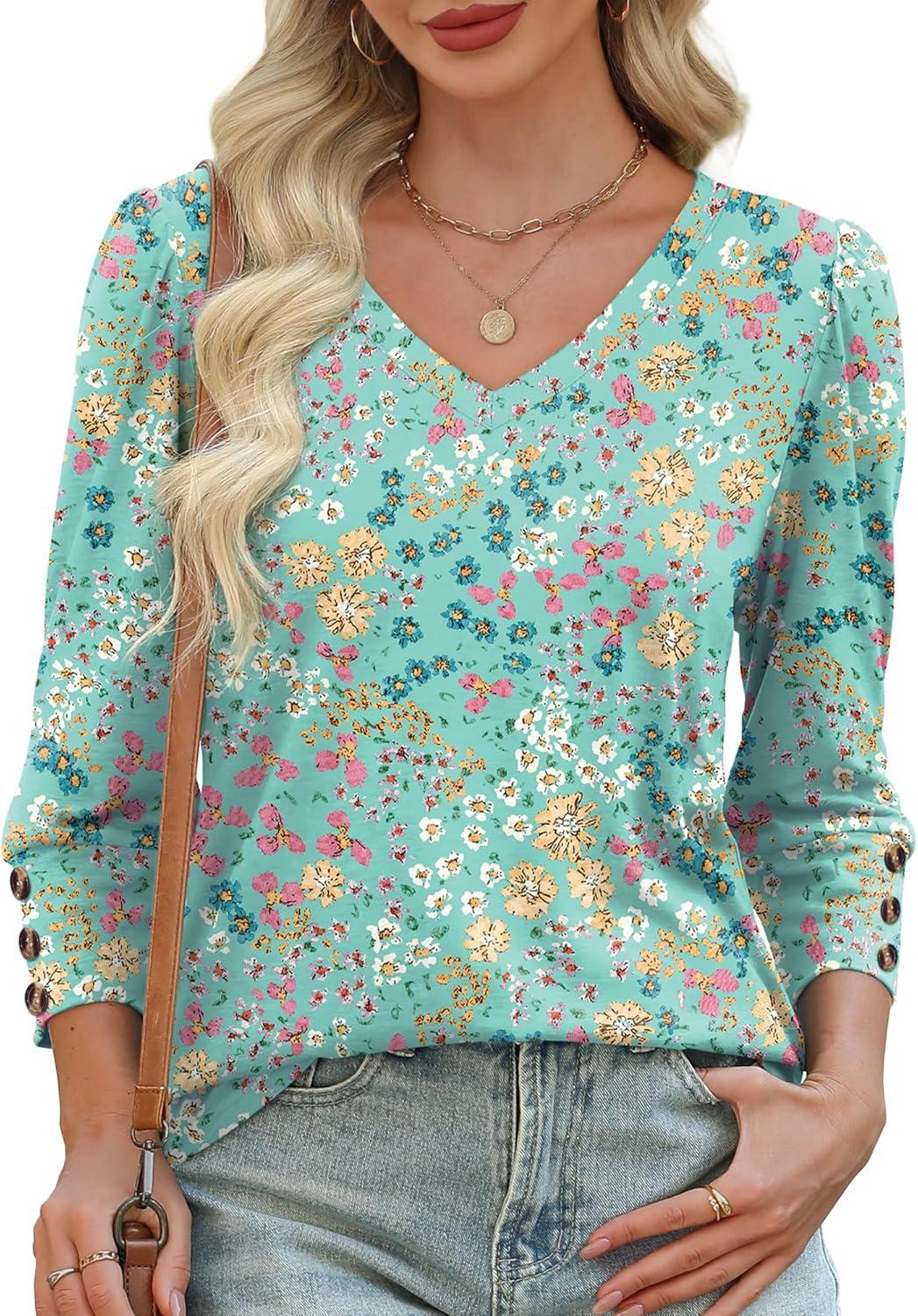 imageXIEERDUO Womens 34 Sleeve Tops with Buttons VNeck Summer Outfits Casual Blouses Shirts Beach Vacation Fall Clothes 2025Fpink Green Floral