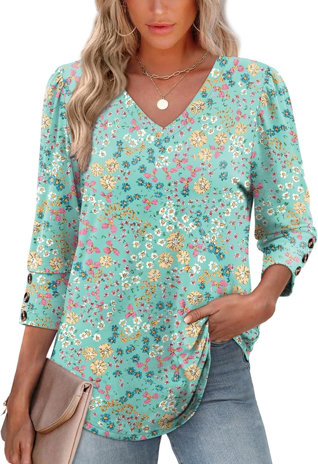imageXIEERDUO Womens 34 Sleeve Tops with Buttons VNeck Summer Outfits Casual Blouses Shirts Beach Vacation Fall Clothes 2025Fpink Green Floral