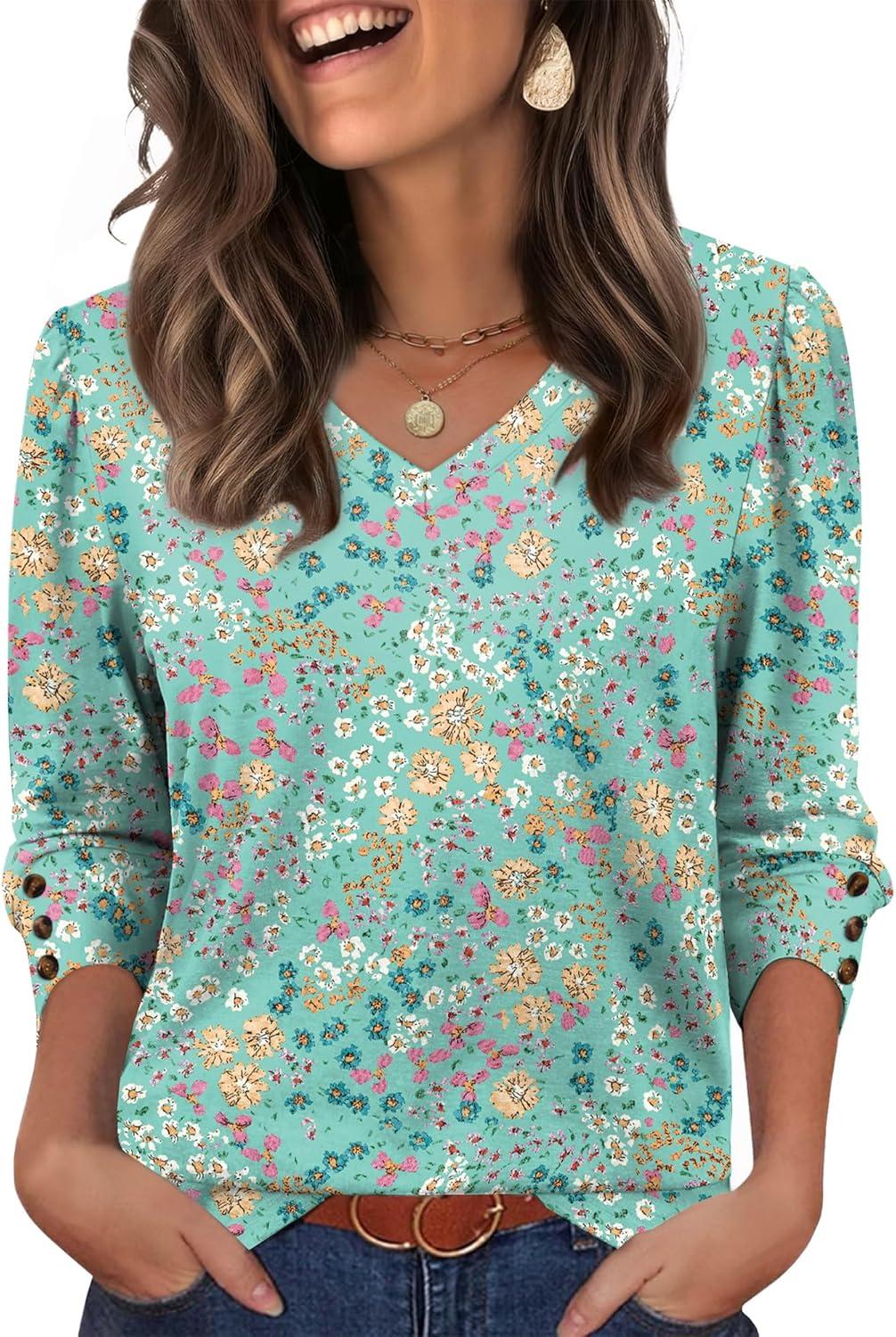 imageXIEERDUO Womens 34 Sleeve Tops with Buttons VNeck Summer Outfits Casual Blouses Shirts Beach Vacation Fall Clothes 2025Fpink Green Floral