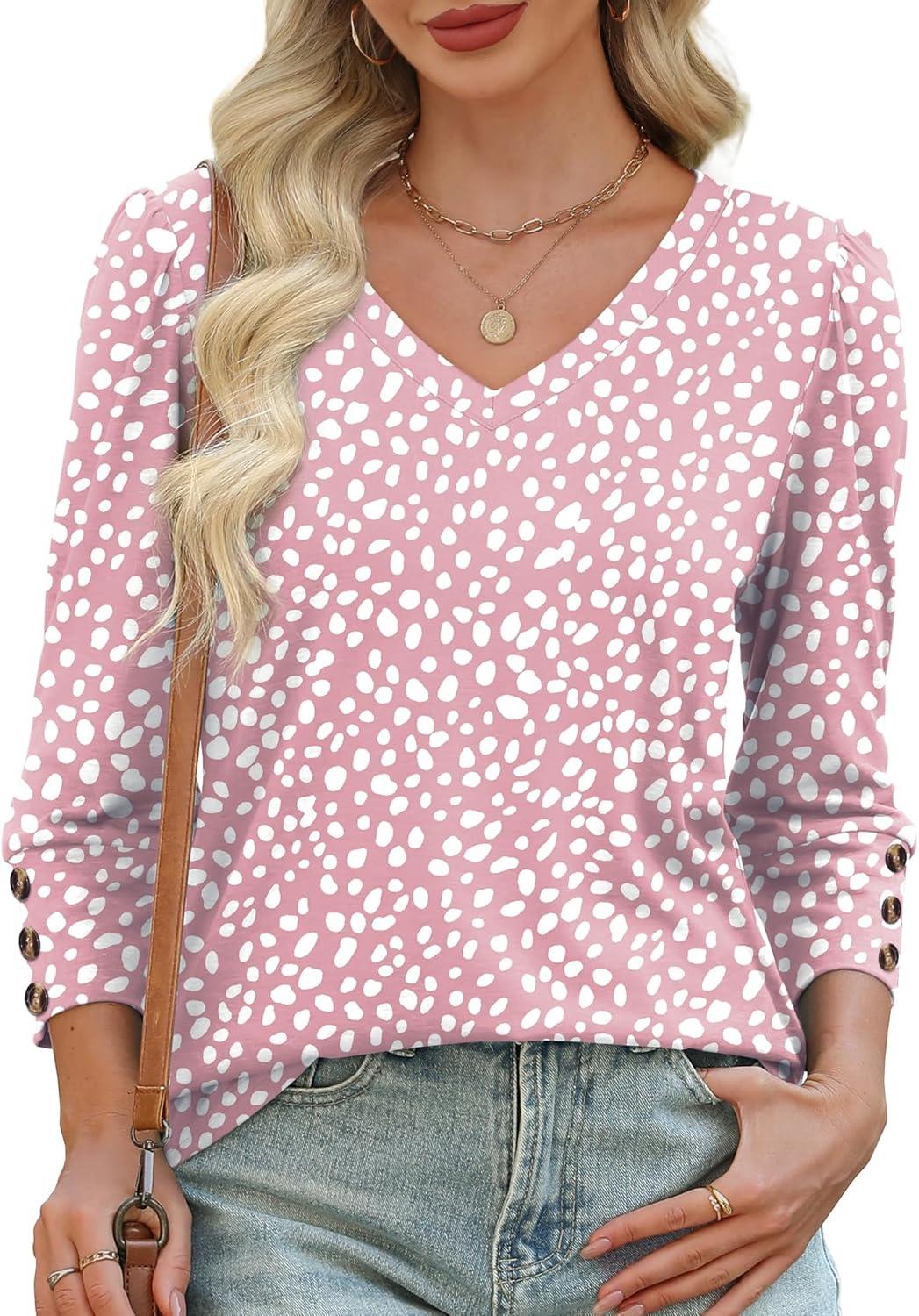imageXIEERDUO Womens 34 Sleeve Tops with Buttons VNeck Summer Outfits Casual Blouses Shirts Beach Vacation Fall Clothes 2025Fpink Leopard