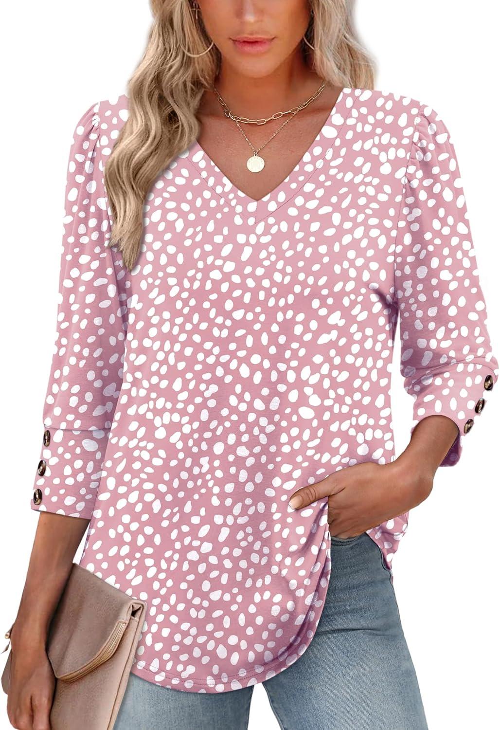 imageXIEERDUO Womens 34 Sleeve Tops with Buttons VNeck Summer Outfits Casual Blouses Shirts Beach Vacation Fall Clothes 2025Fpink Leopard