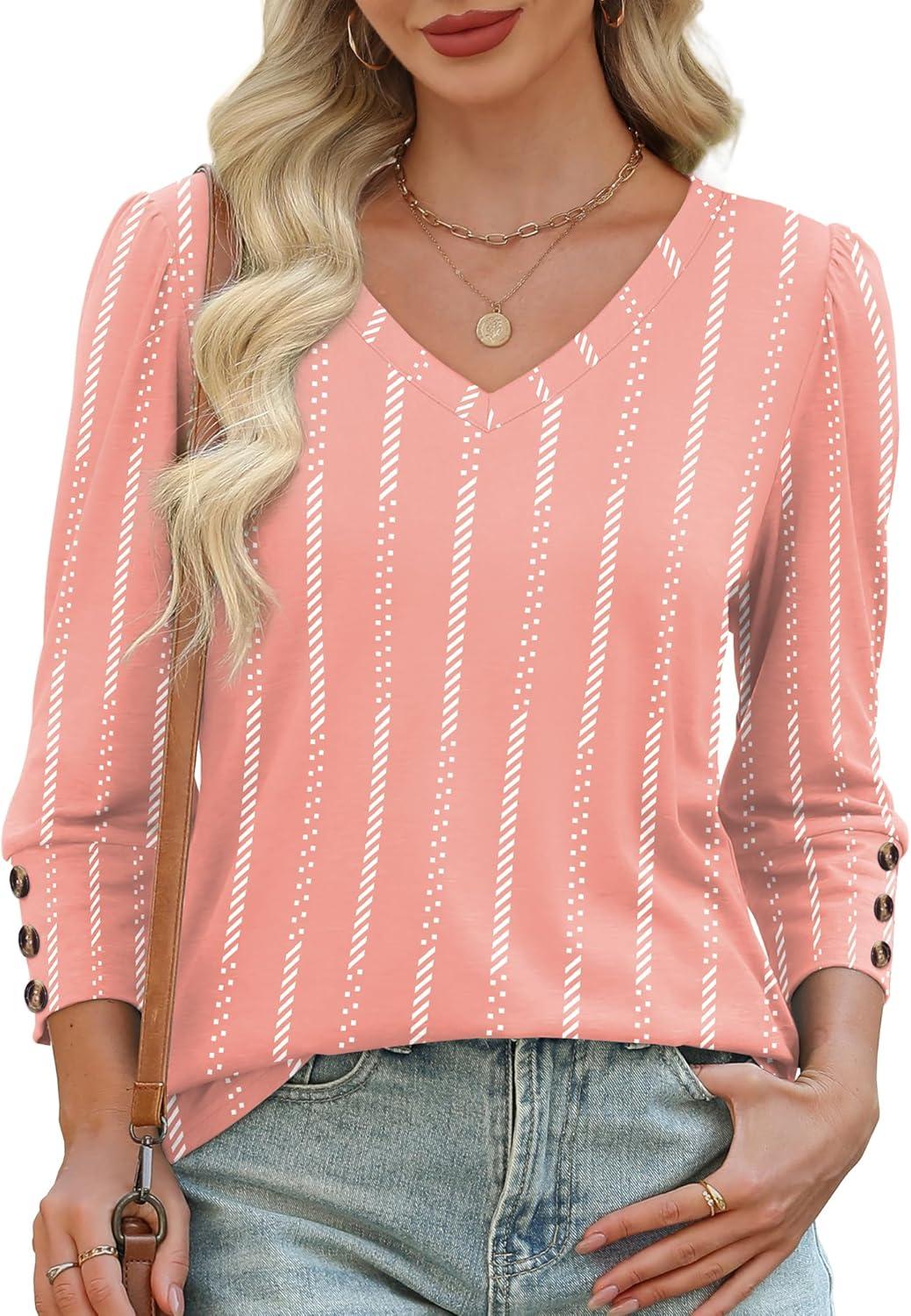imageXIEERDUO Womens 34 Sleeve Tops with Buttons VNeck Summer Outfits Casual Blouses Shirts Beach Vacation Fall Clothes 2025Fpink Stripes