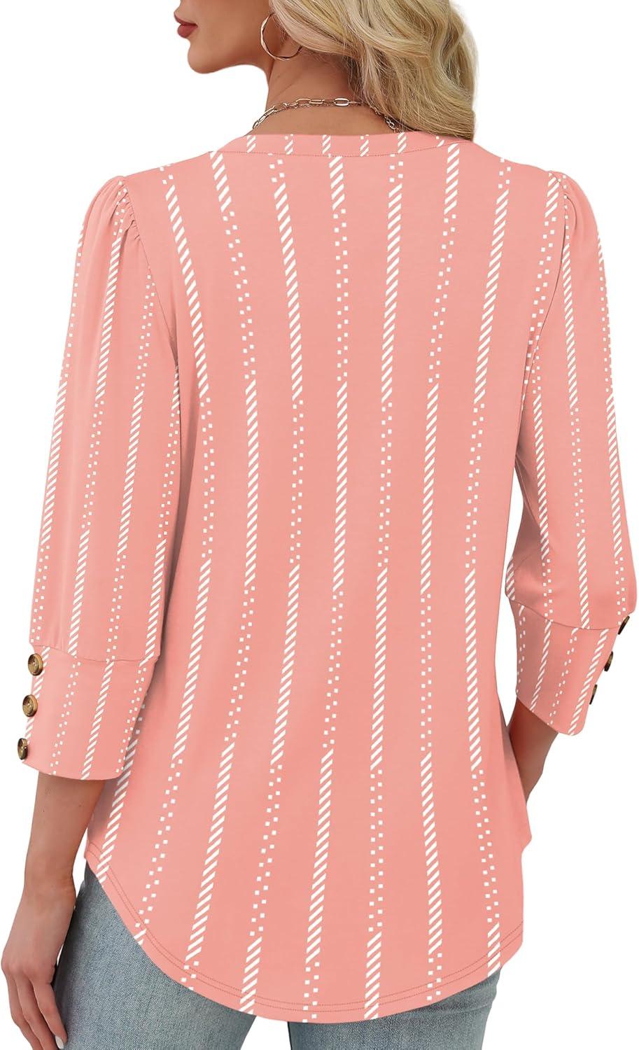 imageXIEERDUO Womens 34 Sleeve Tops with Buttons VNeck Summer Outfits Casual Blouses Shirts Beach Vacation Fall Clothes 2025Fpink Stripes