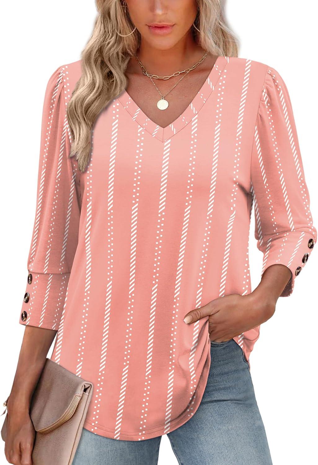 imageXIEERDUO Womens 34 Sleeve Tops with Buttons VNeck Summer Outfits Casual Blouses Shirts Beach Vacation Fall Clothes 2025Fpink Stripes
