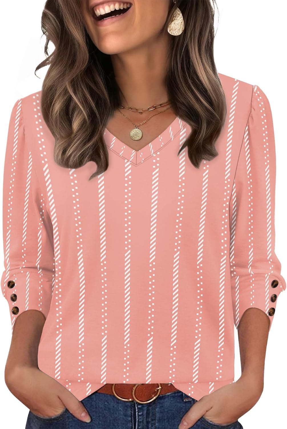 imageXIEERDUO Womens 34 Sleeve Tops with Buttons VNeck Summer Outfits Casual Blouses Shirts Beach Vacation Fall Clothes 2025Fpink Stripes