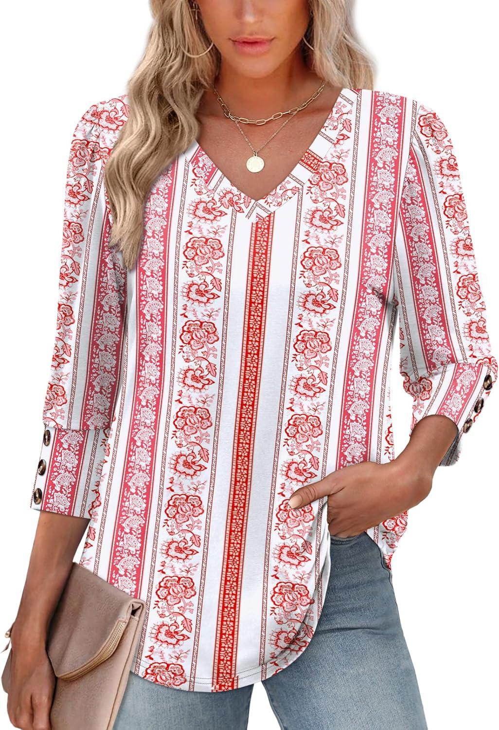 imageXIEERDUO Womens 34 Sleeve Tops with Buttons VNeck Summer Outfits Casual Blouses Shirts Beach Vacation Fall Clothes 2025Fred Floral Stripe