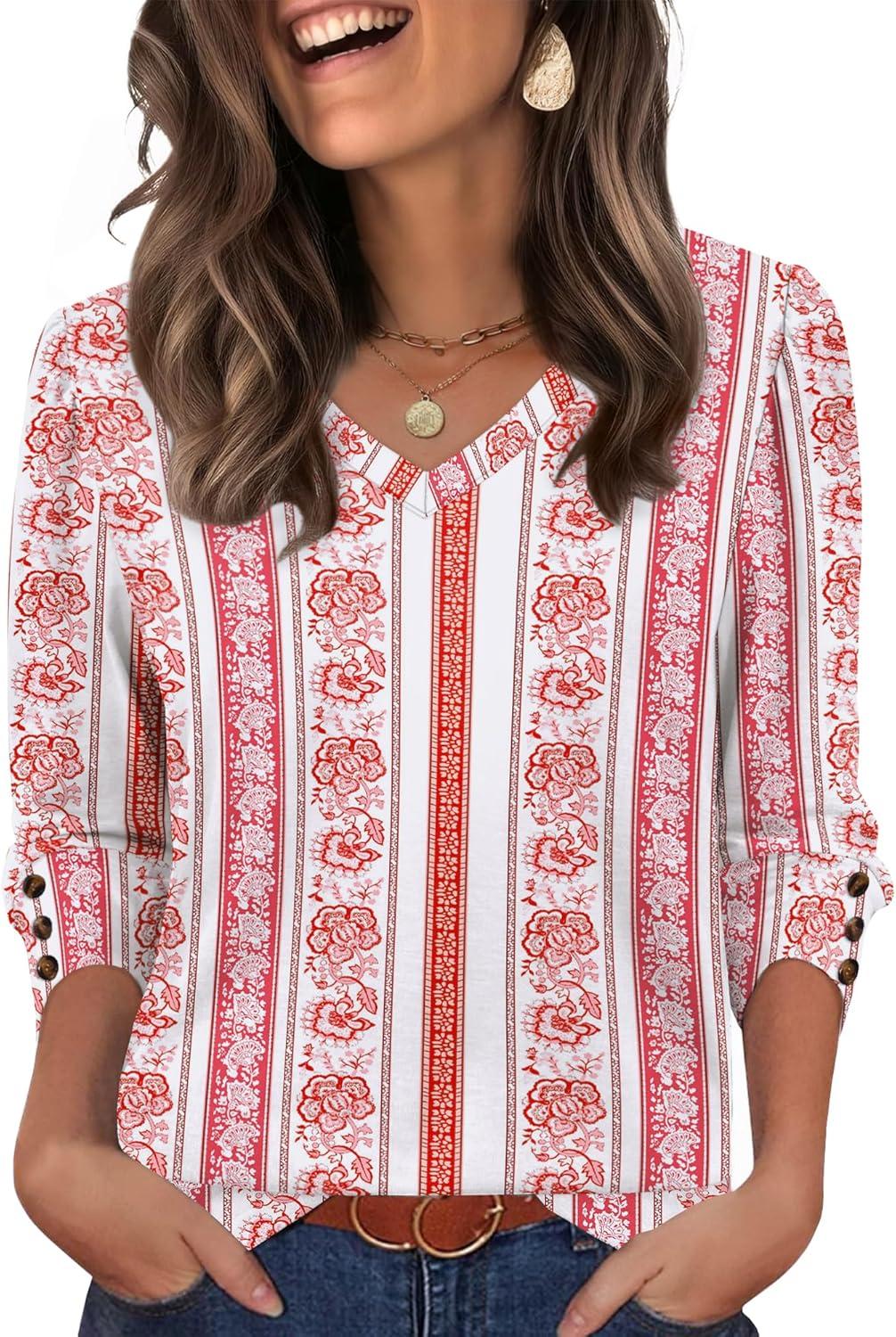 imageXIEERDUO Womens 34 Sleeve Tops with Buttons VNeck Summer Outfits Casual Blouses Shirts Beach Vacation Fall Clothes 2025Fred Floral Stripe