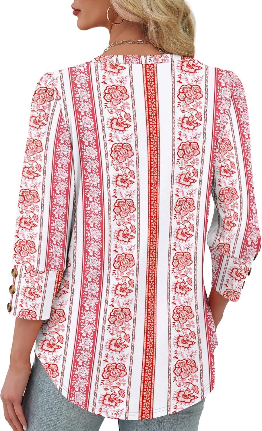 imageXIEERDUO Womens 34 Sleeve Tops with Buttons VNeck Summer Outfits Casual Blouses Shirts Beach Vacation Fall Clothes 2025Fred Floral Stripe