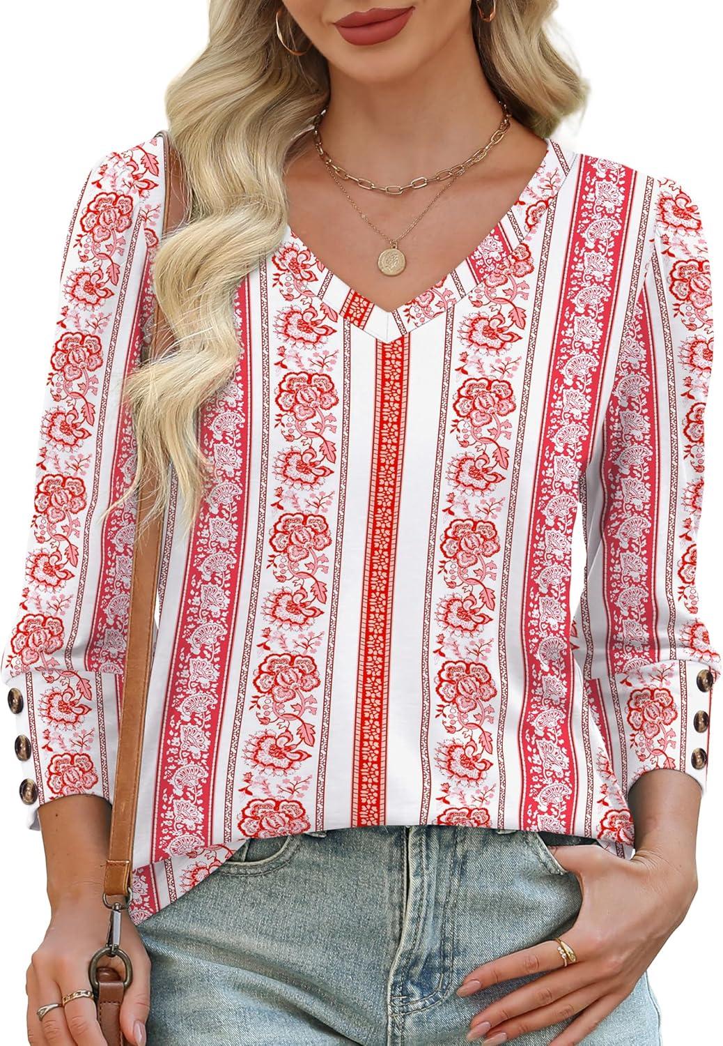 imageXIEERDUO Womens 34 Sleeve Tops with Buttons VNeck Summer Outfits Casual Blouses Shirts Beach Vacation Fall Clothes 2025Fred Floral Stripe