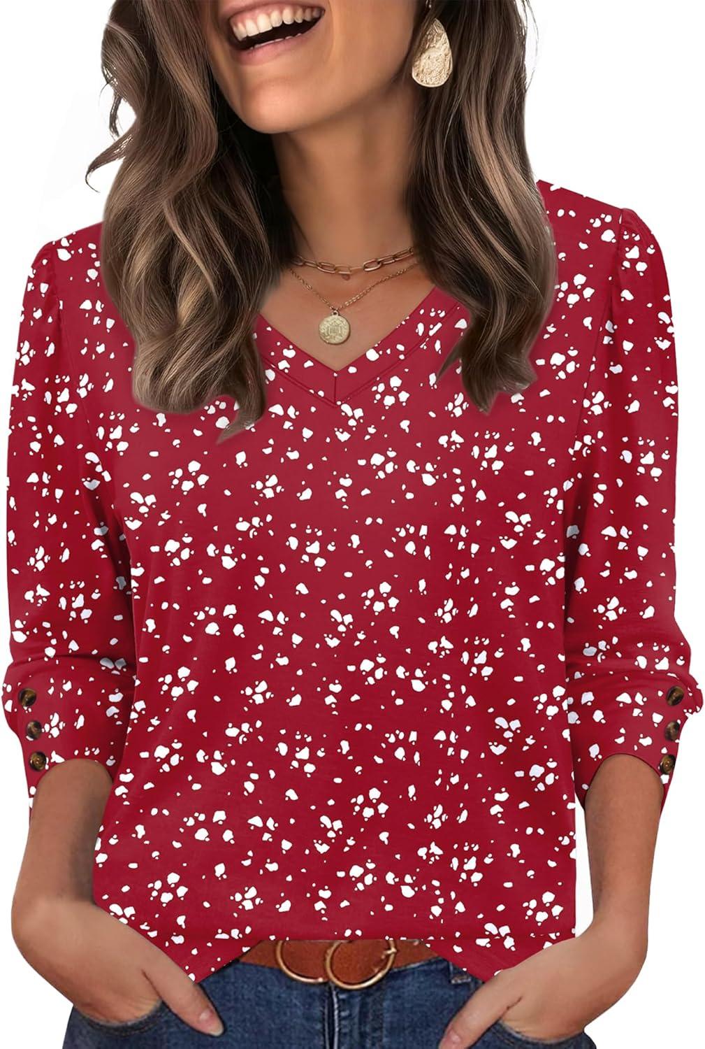 imageXIEERDUO Womens 34 Sleeve Tops with Buttons VNeck Summer Outfits Casual Blouses Shirts Beach Vacation Fall Clothes 2025Fred White Dot