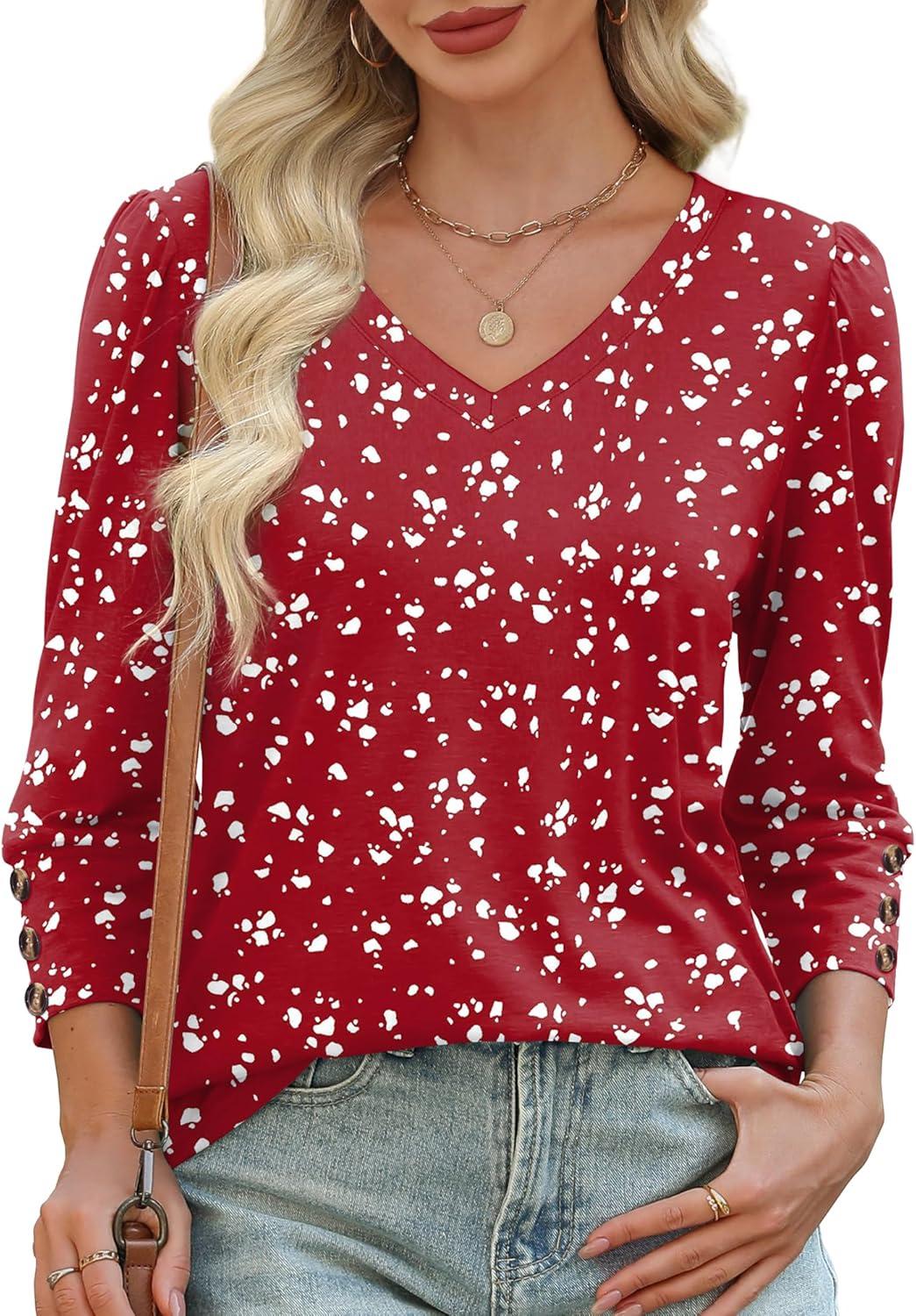 imageXIEERDUO Womens 34 Sleeve Tops with Buttons VNeck Summer Outfits Casual Blouses Shirts Beach Vacation Fall Clothes 2025Fred White Dot