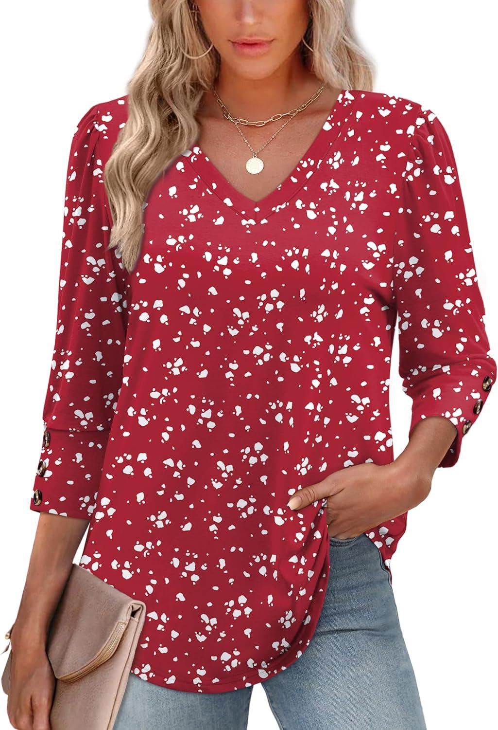 imageXIEERDUO Womens 34 Sleeve Tops with Buttons VNeck Summer Outfits Casual Blouses Shirts Beach Vacation Fall Clothes 2025Fred White Dot