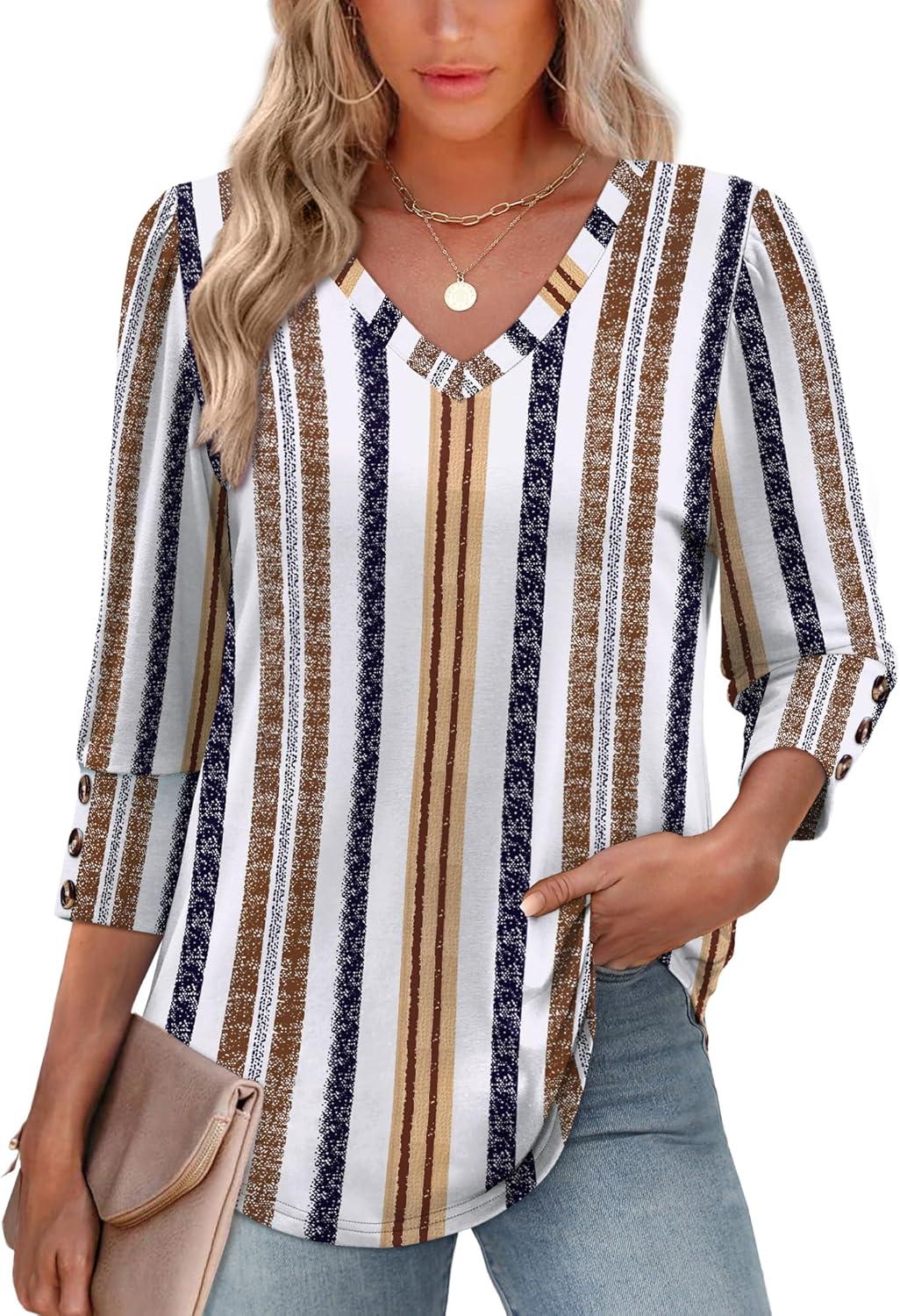 imageXIEERDUO Womens 34 Sleeve Tops with Buttons VNeck Summer Outfits Casual Blouses Shirts Beach Vacation Fall Clothes 2025Fretro Stripe