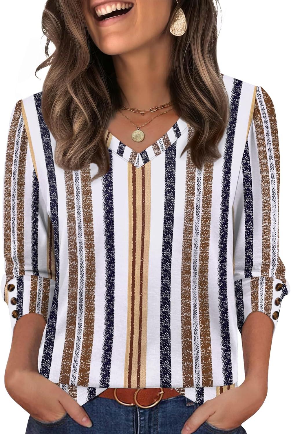 imageXIEERDUO Womens 34 Sleeve Tops with Buttons VNeck Summer Outfits Casual Blouses Shirts Beach Vacation Fall Clothes 2025Fretro Stripe