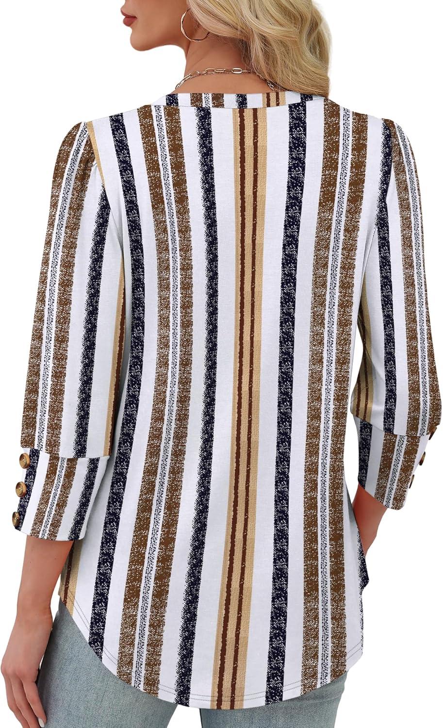 imageXIEERDUO Womens 34 Sleeve Tops with Buttons VNeck Summer Outfits Casual Blouses Shirts Beach Vacation Fall Clothes 2025Fretro Stripe