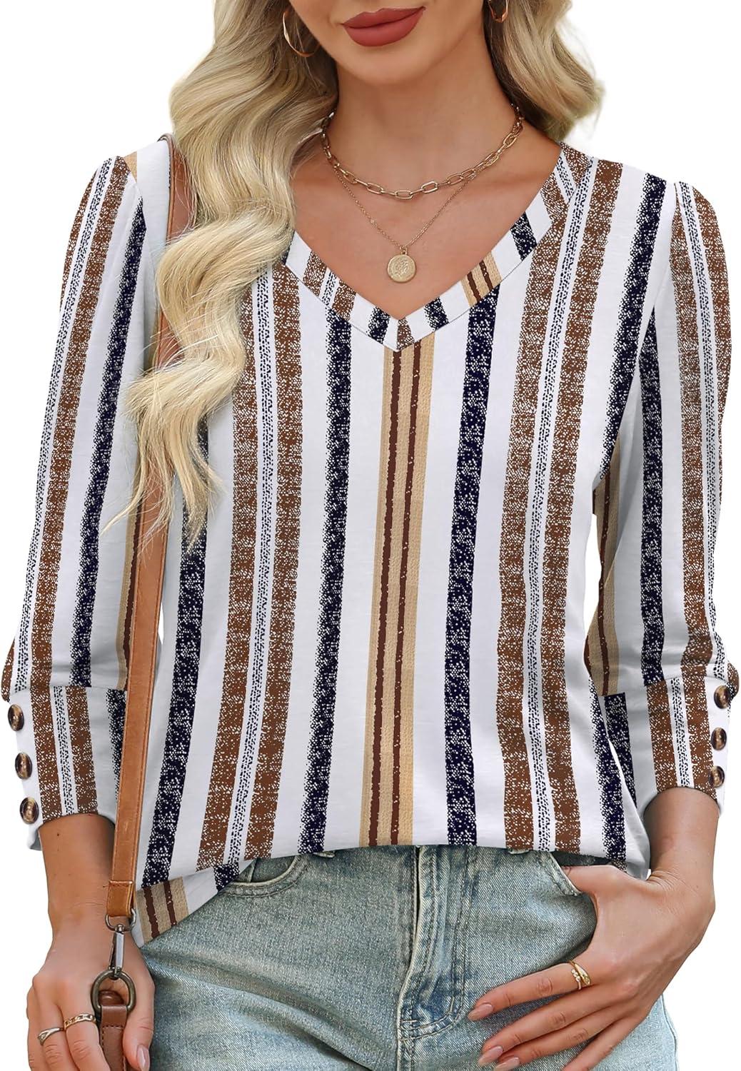 imageXIEERDUO Womens 34 Sleeve Tops with Buttons VNeck Summer Outfits Casual Blouses Shirts Beach Vacation Fall Clothes 2025Fretro Stripe
