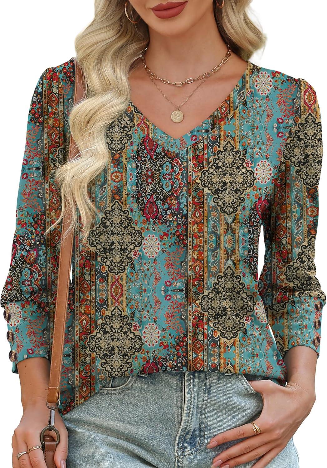 imageXIEERDUO Womens 34 Sleeve Tops with Buttons VNeck Summer Outfits Casual Blouses Shirts Beach Vacation Fall Clothes 2025Fvintage Boho