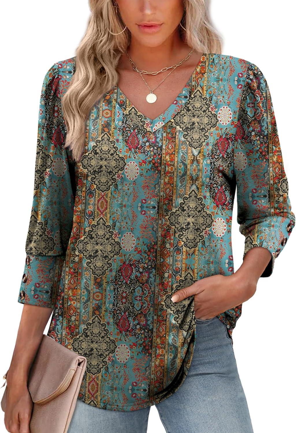 imageXIEERDUO Womens 34 Sleeve Tops with Buttons VNeck Summer Outfits Casual Blouses Shirts Beach Vacation Fall Clothes 2025Fvintage Boho