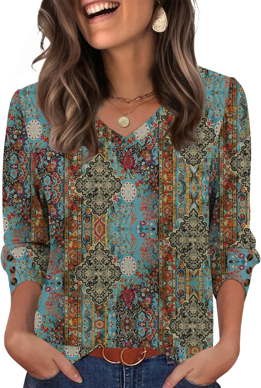 imageXIEERDUO Womens 34 Sleeve Tops with Buttons VNeck Summer Outfits Casual Blouses Shirts Beach Vacation Fall Clothes 2025Fvintage Boho