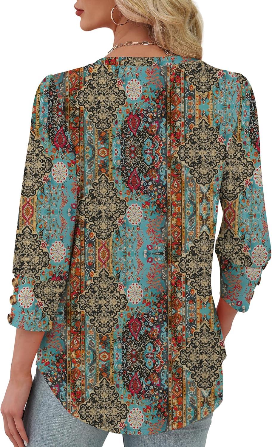 imageXIEERDUO Womens 34 Sleeve Tops with Buttons VNeck Summer Outfits Casual Blouses Shirts Beach Vacation Fall Clothes 2025Fvintage Boho