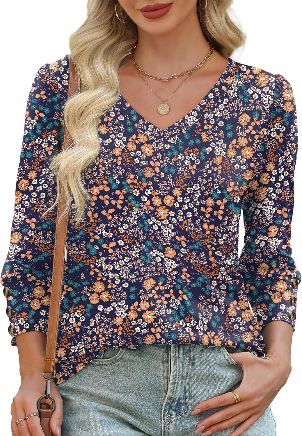 imageXIEERDUO Womens 34 Sleeve Tops with Buttons VNeck Summer Outfits Casual Blouses Shirts Beach Vacation Fall Clothes 2025Fvintage Floral