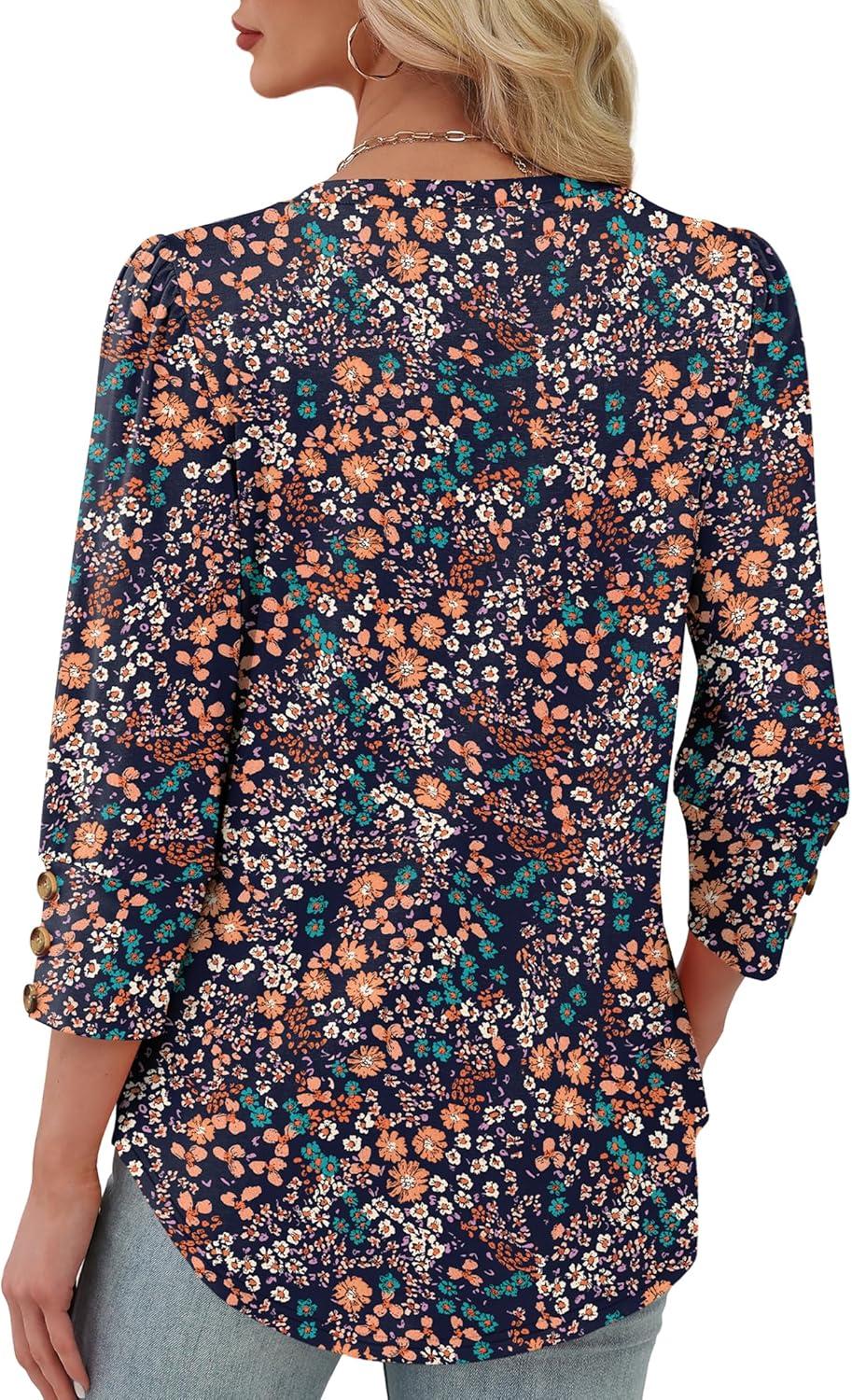 imageXIEERDUO Womens 34 Sleeve Tops with Buttons VNeck Summer Outfits Casual Blouses Shirts Beach Vacation Fall Clothes 2025Fvintage Floral