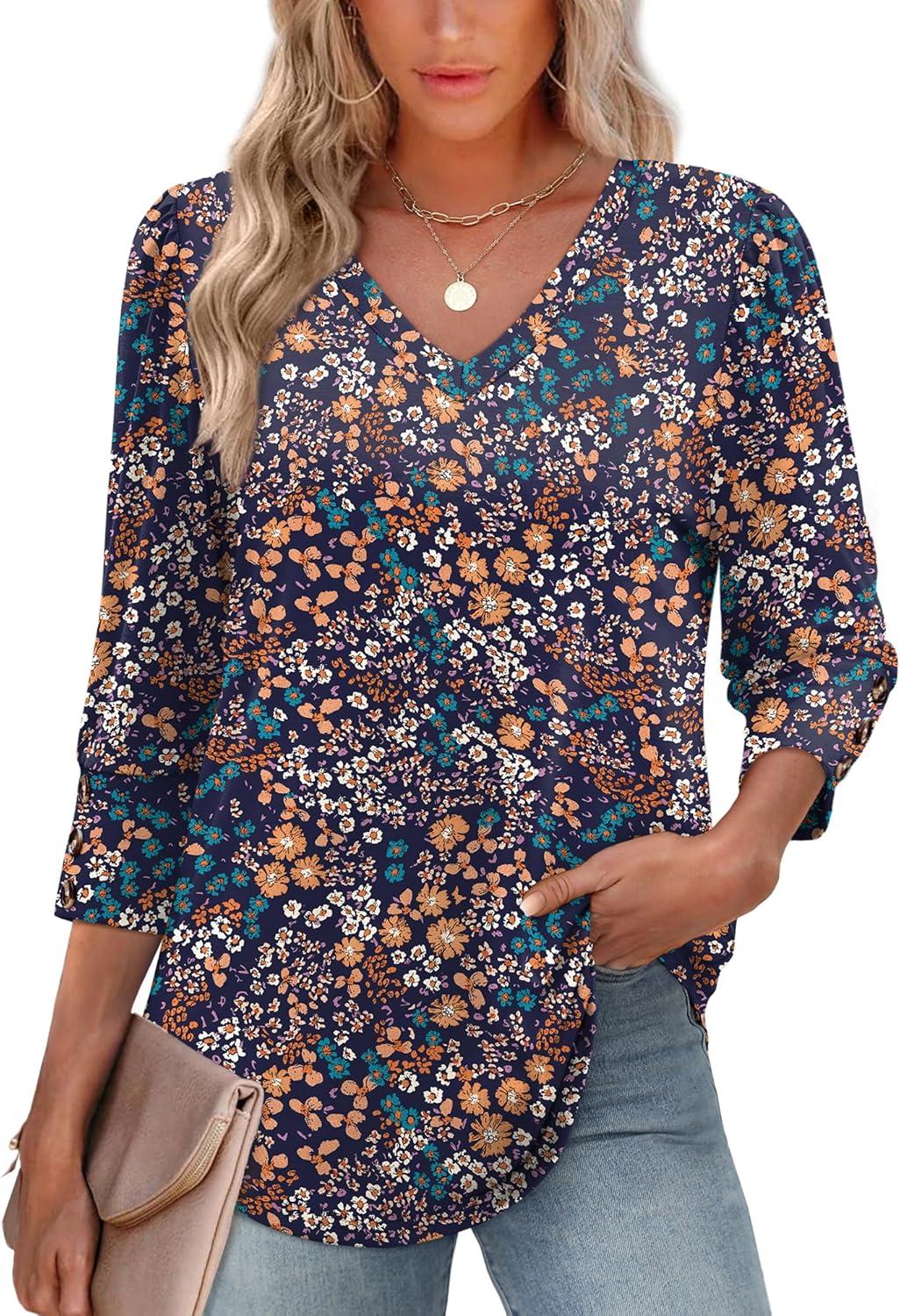 imageXIEERDUO Womens 34 Sleeve Tops with Buttons VNeck Summer Outfits Casual Blouses Shirts Beach Vacation Fall Clothes 2025Fvintage Floral