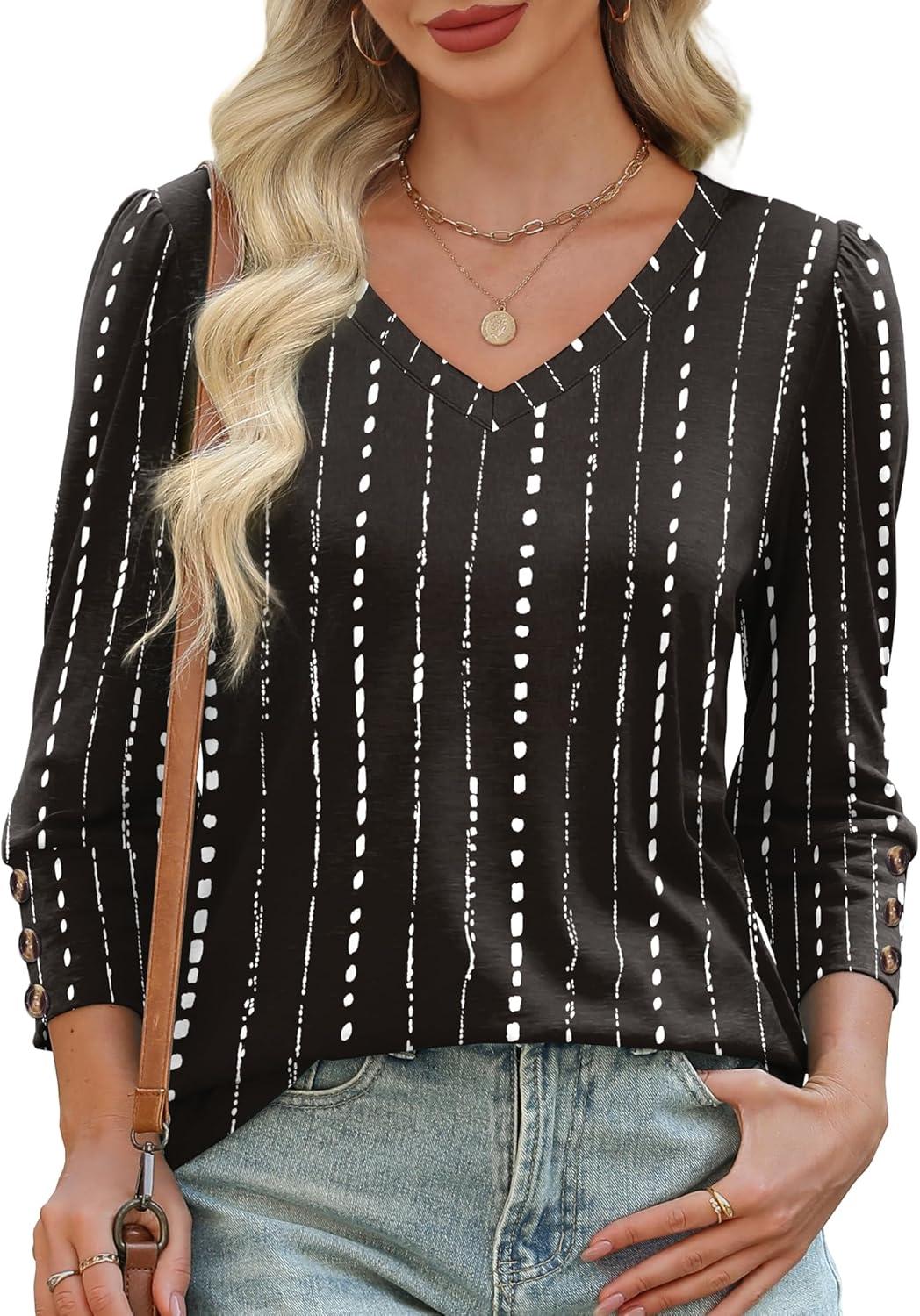 imageXIEERDUO Womens 34 Sleeve Tops with Buttons VNeck Summer Outfits Casual Blouses Shirts Beach Vacation Fall Clothes 2025Fwhite Striped Black