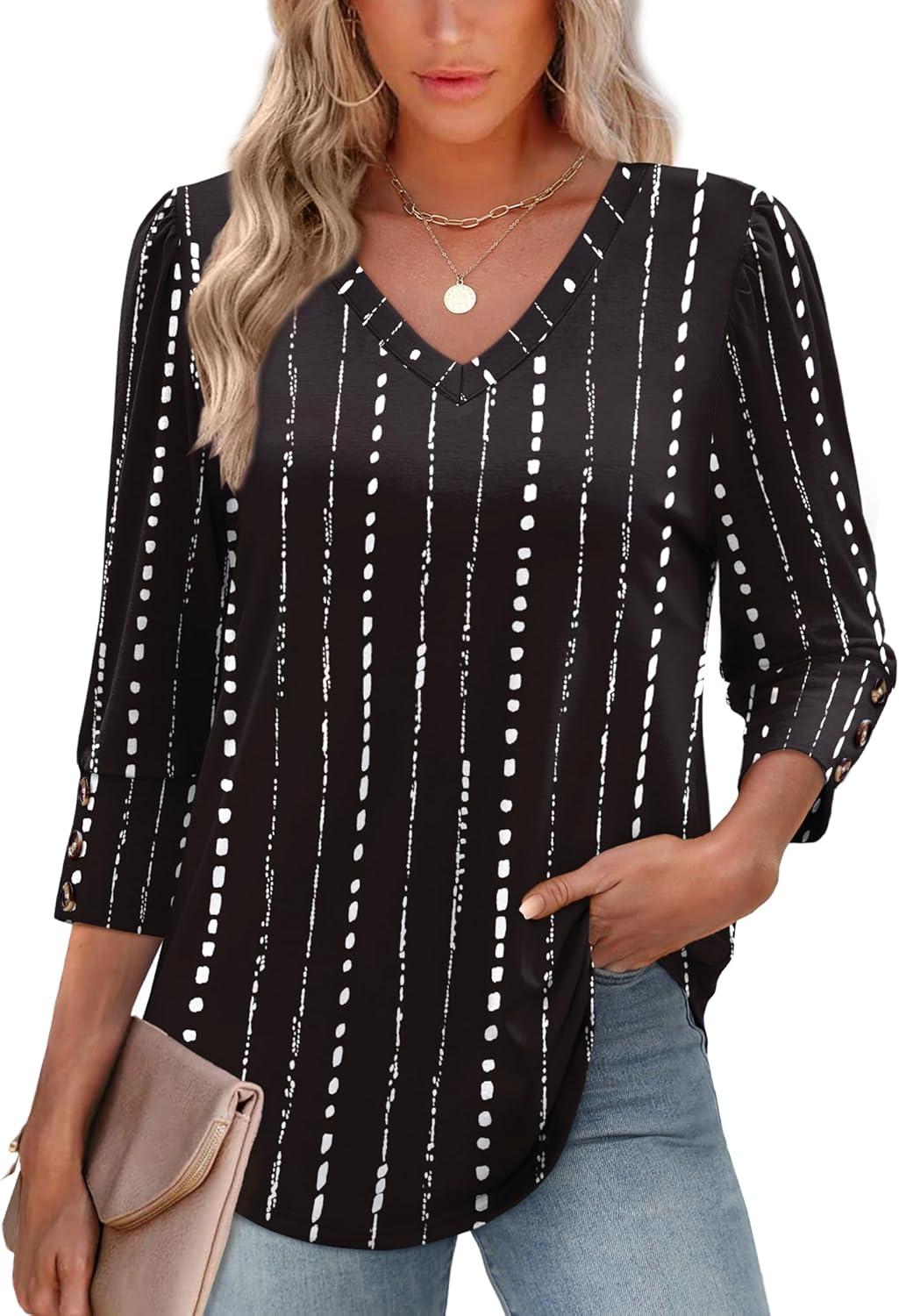 imageXIEERDUO Womens 34 Sleeve Tops with Buttons VNeck Summer Outfits Casual Blouses Shirts Beach Vacation Fall Clothes 2025Fwhite Striped Black