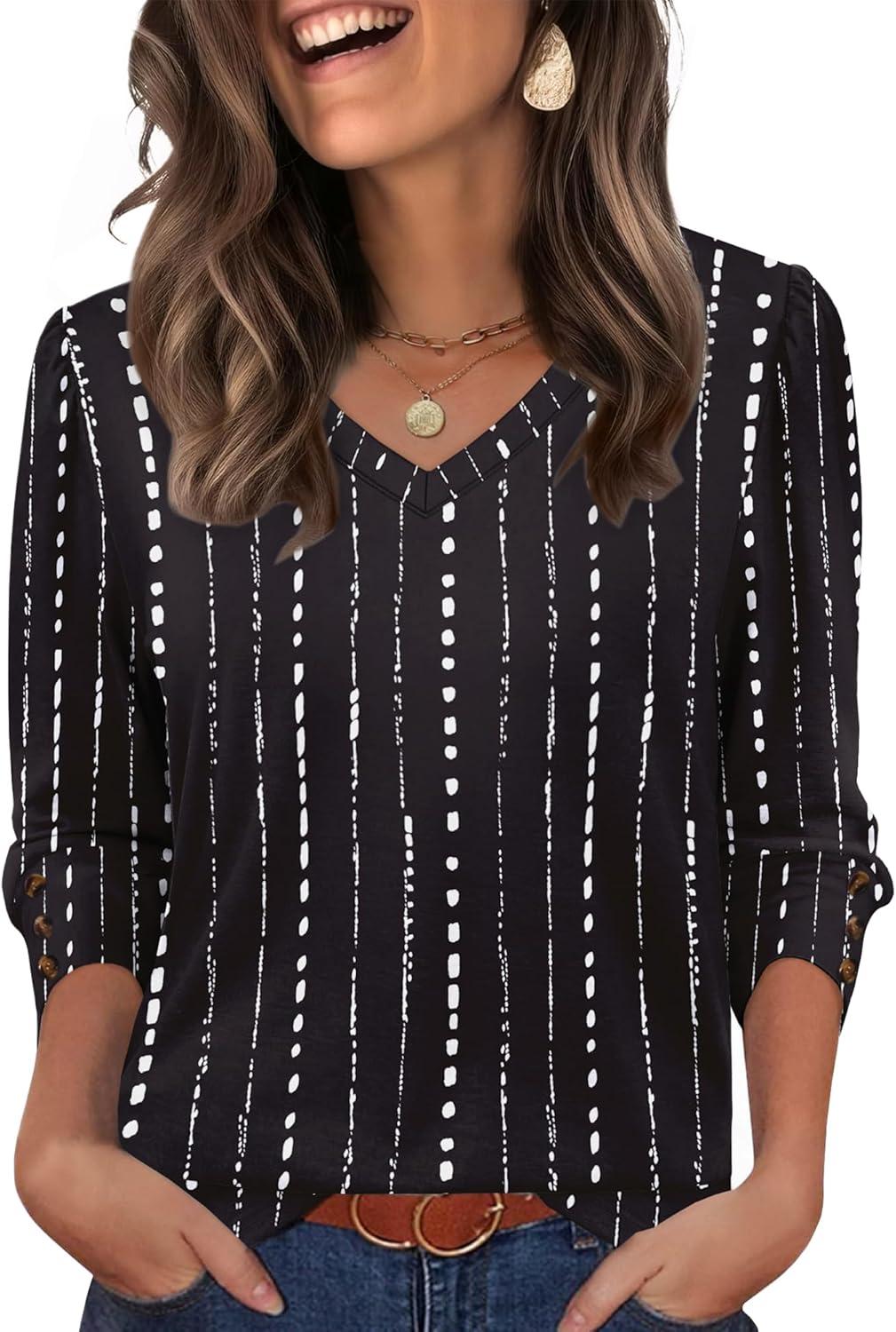 imageXIEERDUO Womens 34 Sleeve Tops with Buttons VNeck Summer Outfits Casual Blouses Shirts Beach Vacation Fall Clothes 2025Fwhite Striped Black