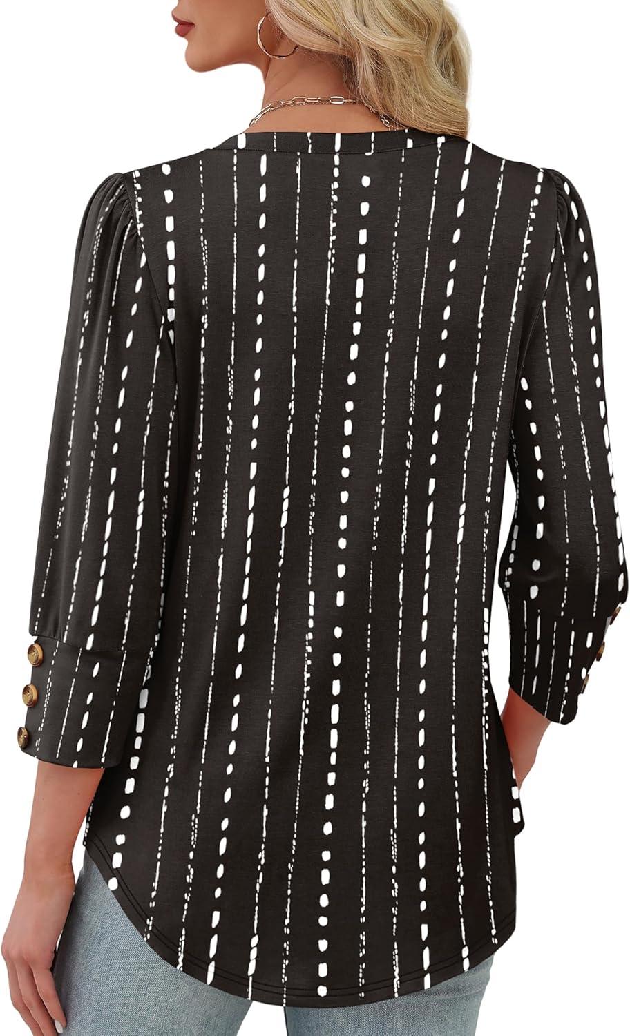 imageXIEERDUO Womens 34 Sleeve Tops with Buttons VNeck Summer Outfits Casual Blouses Shirts Beach Vacation Fall Clothes 2025Fwhite Striped Black