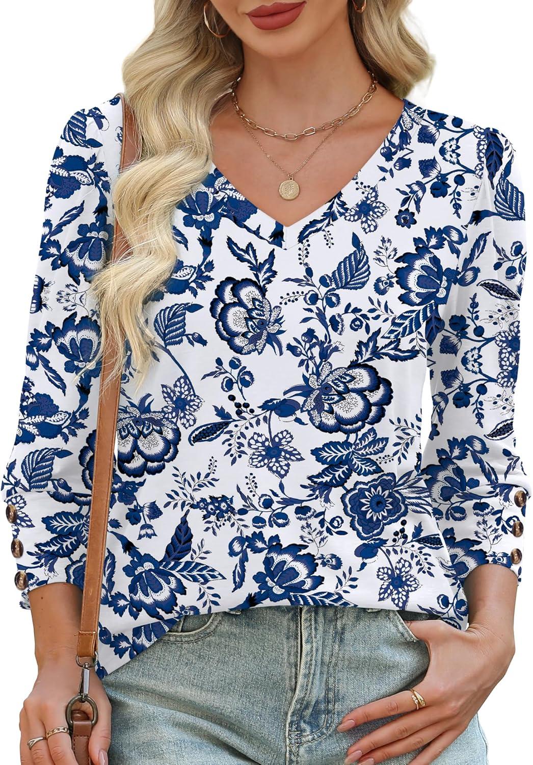 imageXIEERDUO Womens 34 Sleeve Tops with Buttons VNeck Summer Outfits Casual Blouses Shirts Beach Vacation Fall Clothes 2025Fwhite Tribal Blue Floral