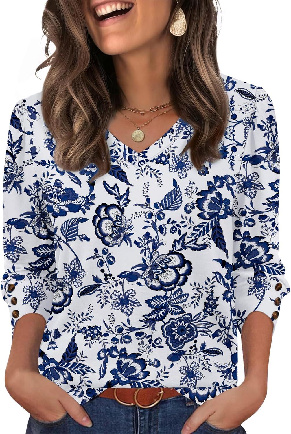 imageXIEERDUO Womens 34 Sleeve Tops with Buttons VNeck Summer Outfits Casual Blouses Shirts Beach Vacation Fall Clothes 2025Fwhite Tribal Blue Floral
