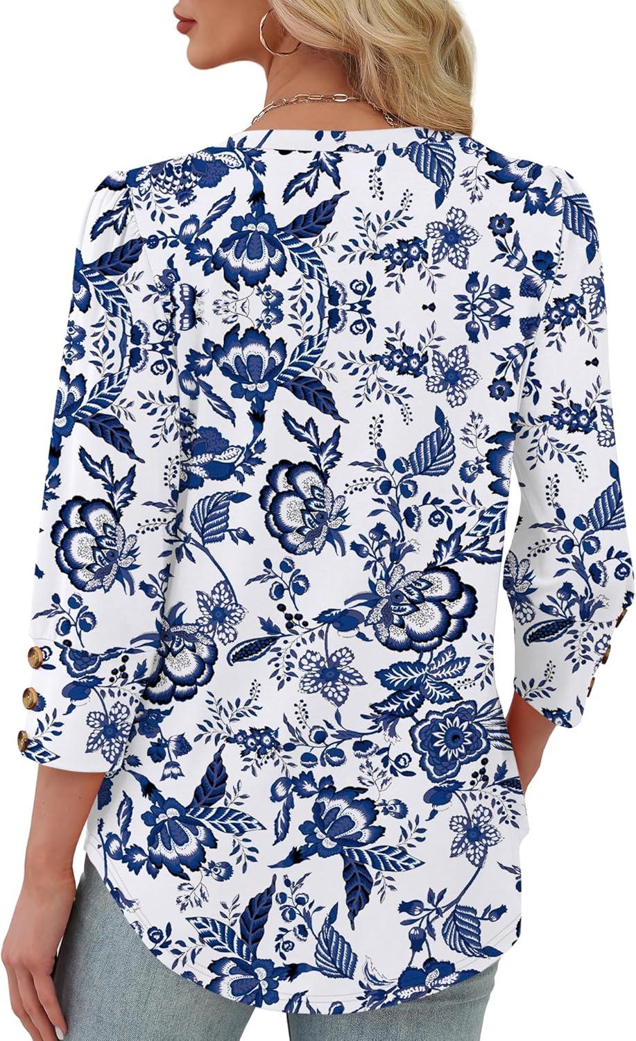 imageXIEERDUO Womens 34 Sleeve Tops with Buttons VNeck Summer Outfits Casual Blouses Shirts Beach Vacation Fall Clothes 2025Fwhite Tribal Blue Floral