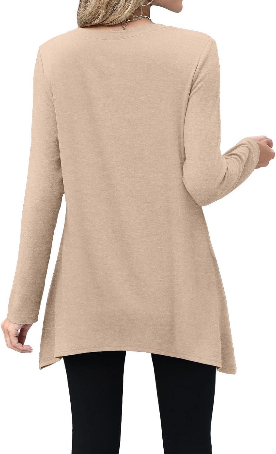 imageXIEERDUO Womens Tunic Tops Long Sleeve Crew Neck High Low Hem Loose Fit Shirts Blouses with PocketsBeige