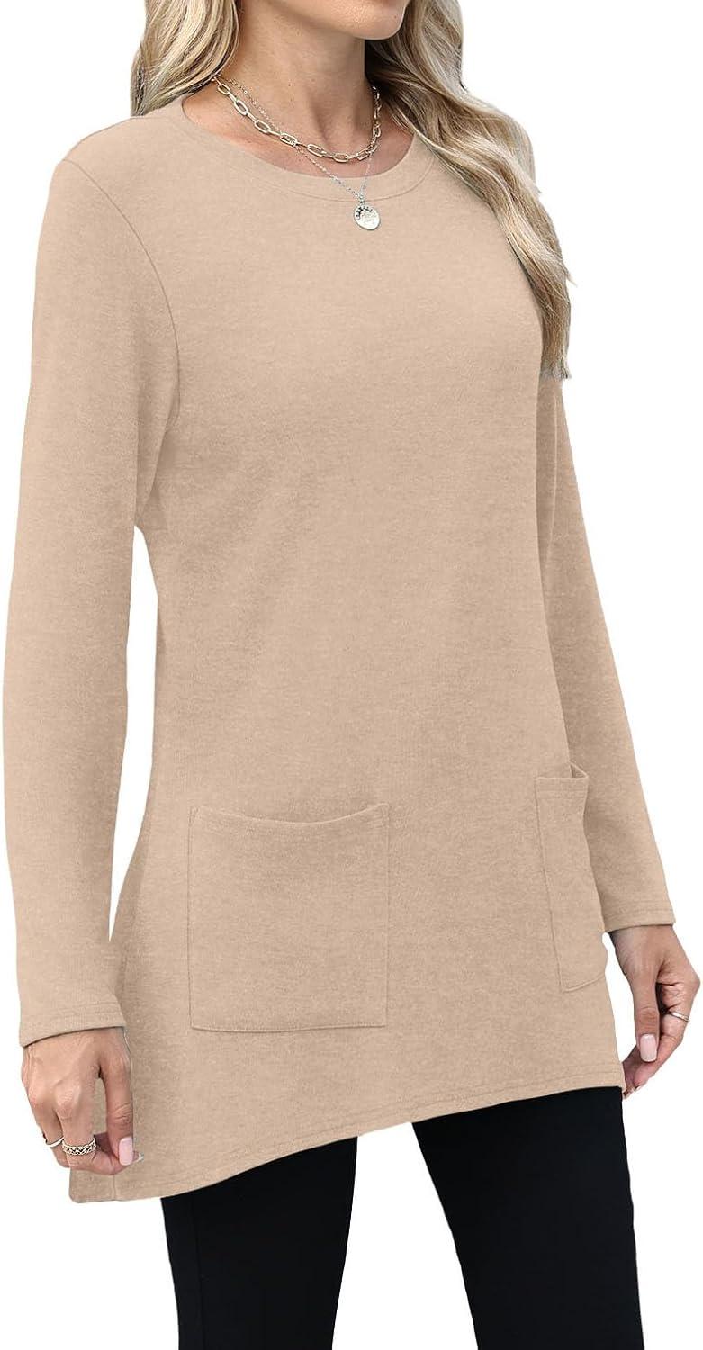 imageXIEERDUO Womens Tunic Tops Long Sleeve Crew Neck High Low Hem Loose Fit Shirts Blouses with PocketsBeige